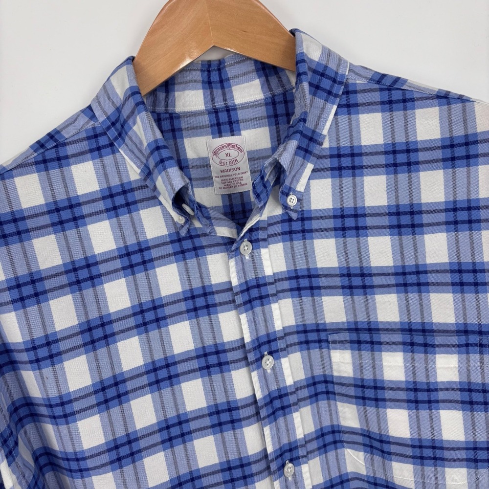 Brooks Brothers Made In USA Oxford Shirt Mens XL Blue Plaid Italian Fabric OCBD